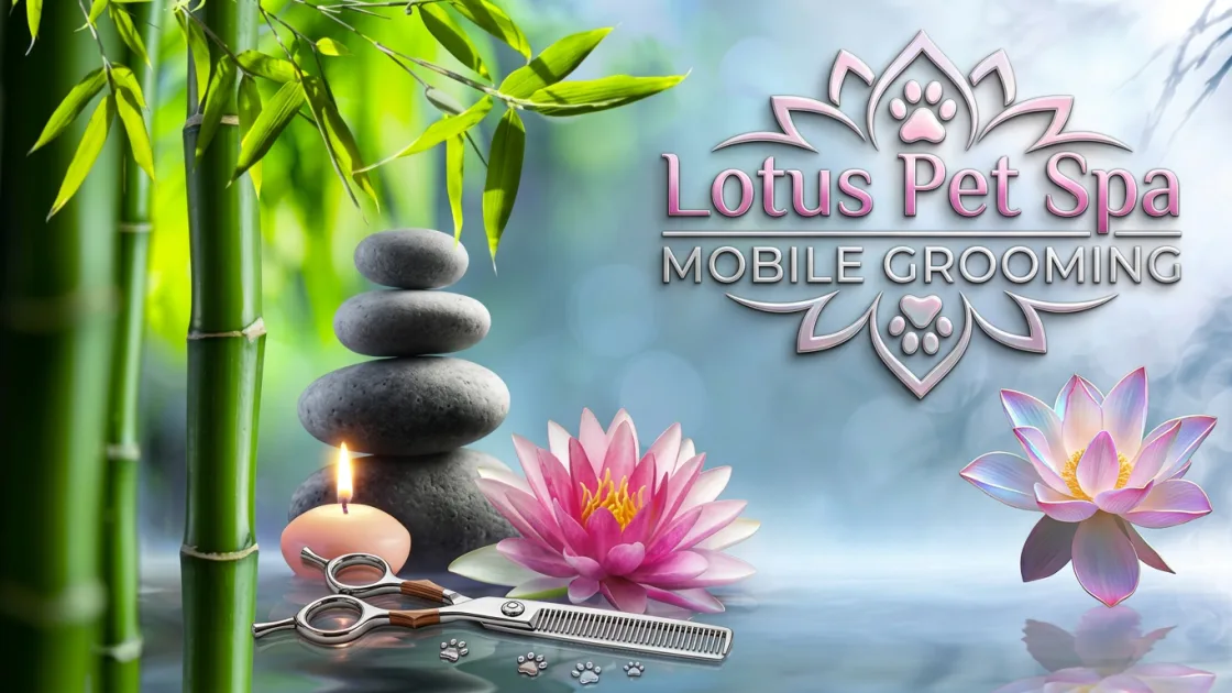 Lotus Pet Spa Mobile Grooming logo with lotus, bamboo, candle, stones, and grooming shears